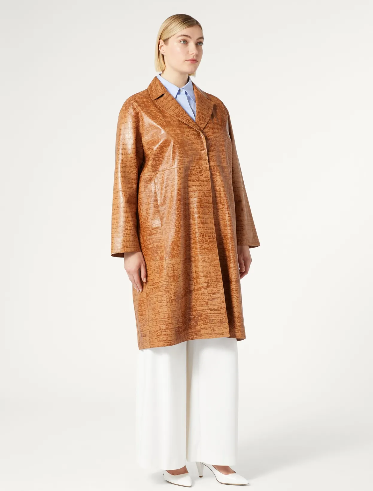 Coats | Coats | Marina Rinaldi Crocodile-print Nappa leather duster coat CAMEL