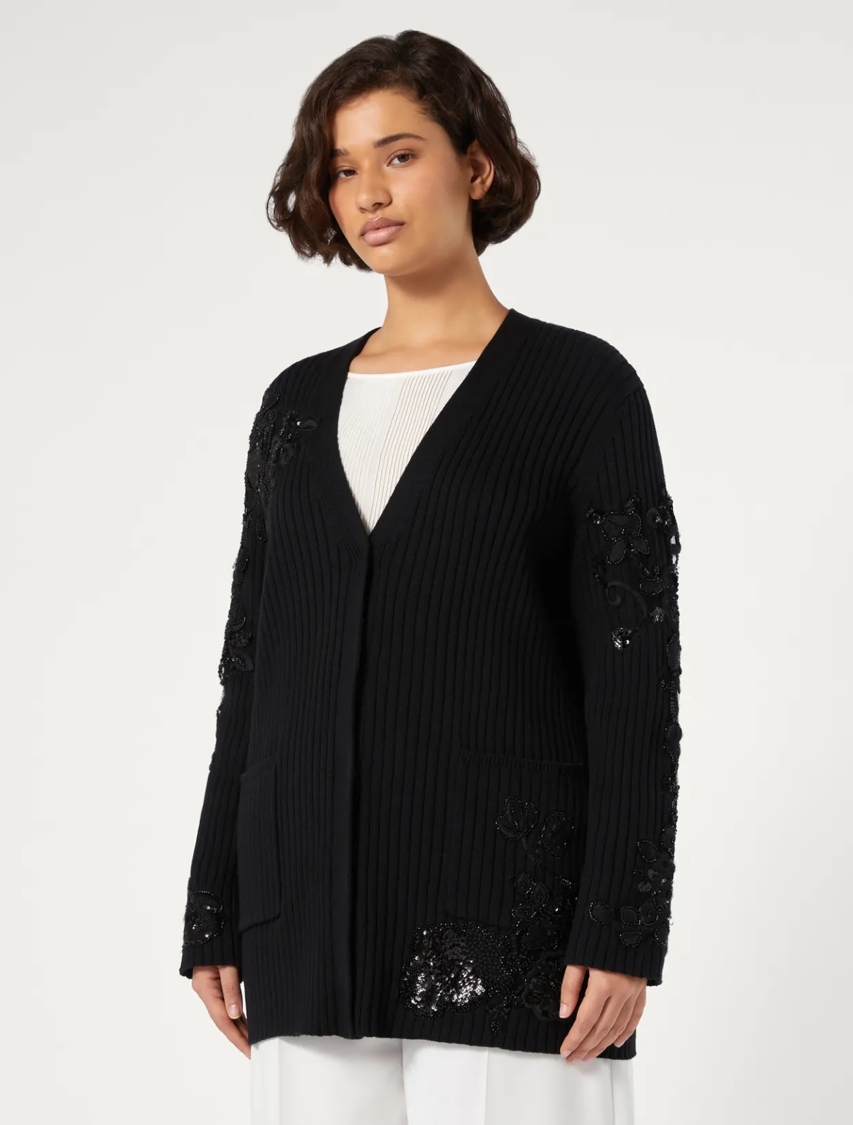 Knitwear | Knitwear | Marina Rinaldi Embroidered cotton cardigan BLACK