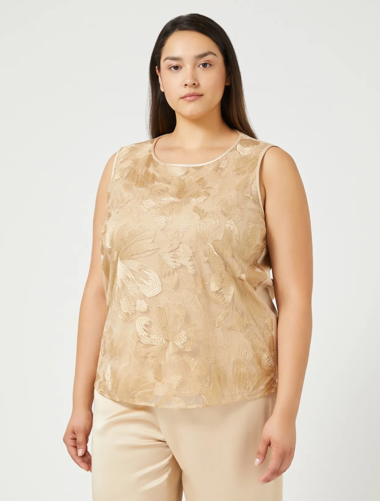 Blouses | Tops & T-Shirts | Marina Rinaldi Embroidered tulle top LIGHTGOLD