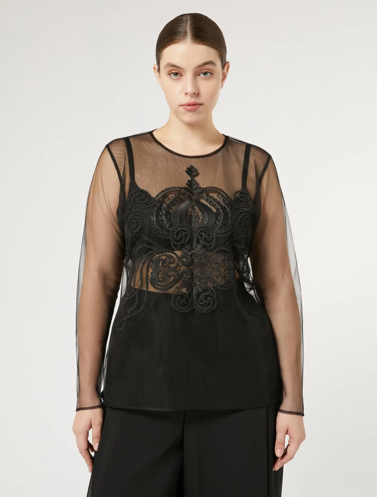 Accessories | Tops & T-Shirts | Marina Rinaldi Embroidered tulle T-shirt BLACK