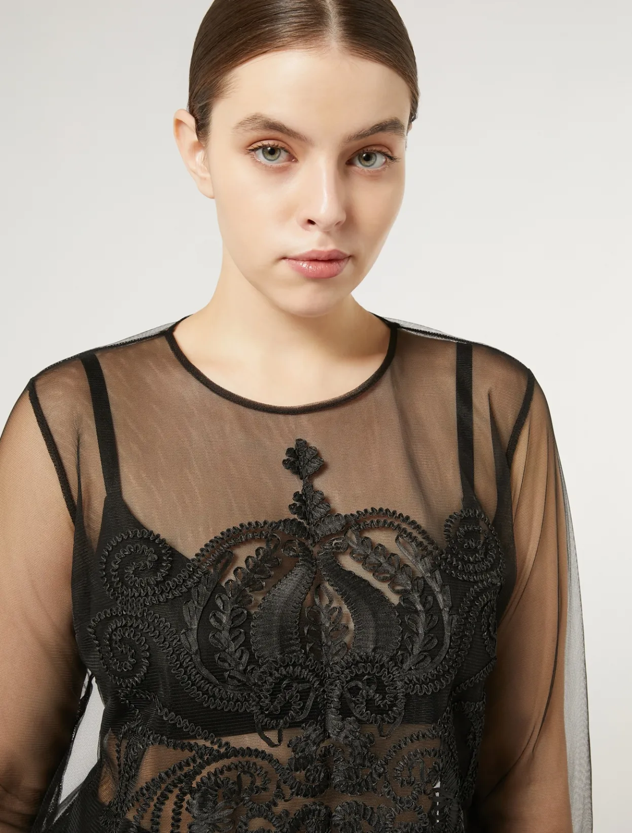 Accessories | Tops & T-Shirts | Marina Rinaldi Embroidered tulle T-shirt BLACK