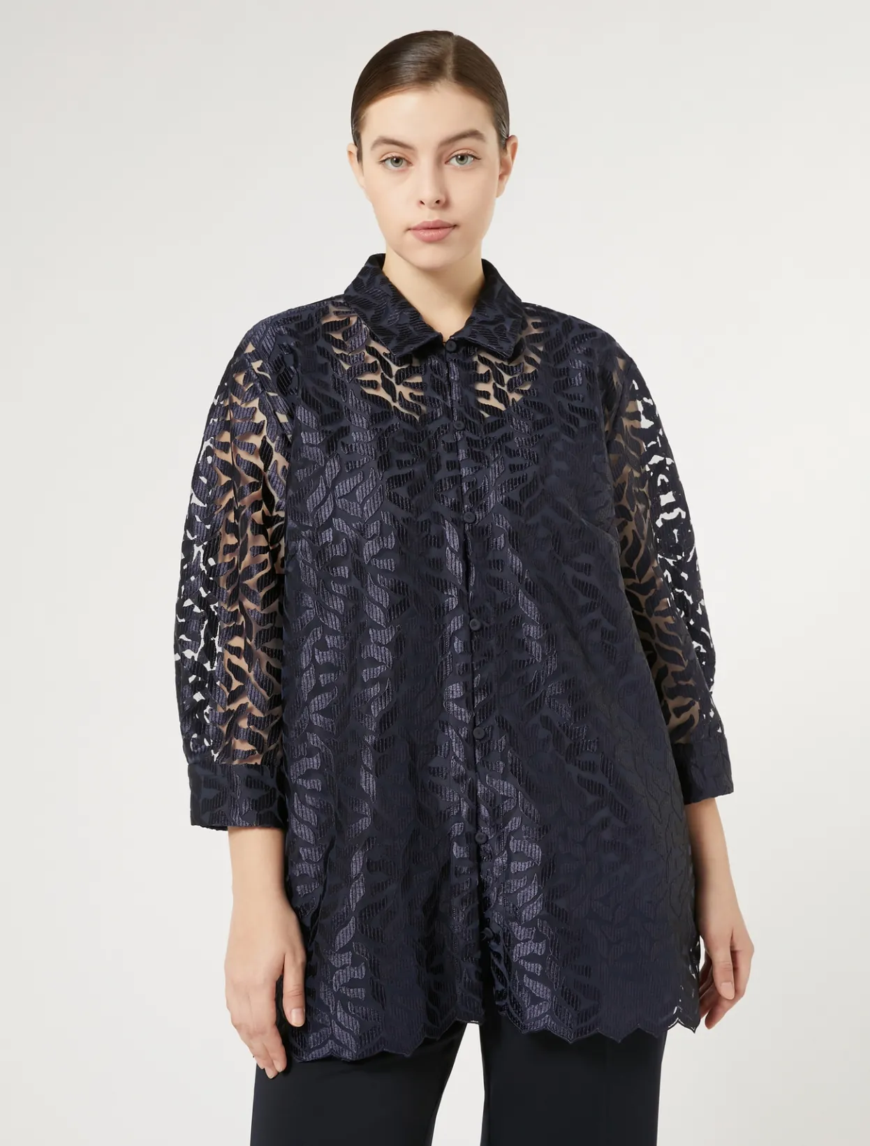 Blouses | Blouses & Shirts | Marina Rinaldi Embroidered tulle tunic ULTRAMARINE