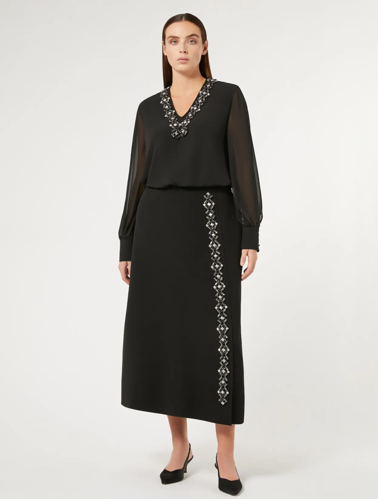 Trousers And Skirts | Skirts | Marina Rinaldi Long cady skirt with rhinestones BLACK