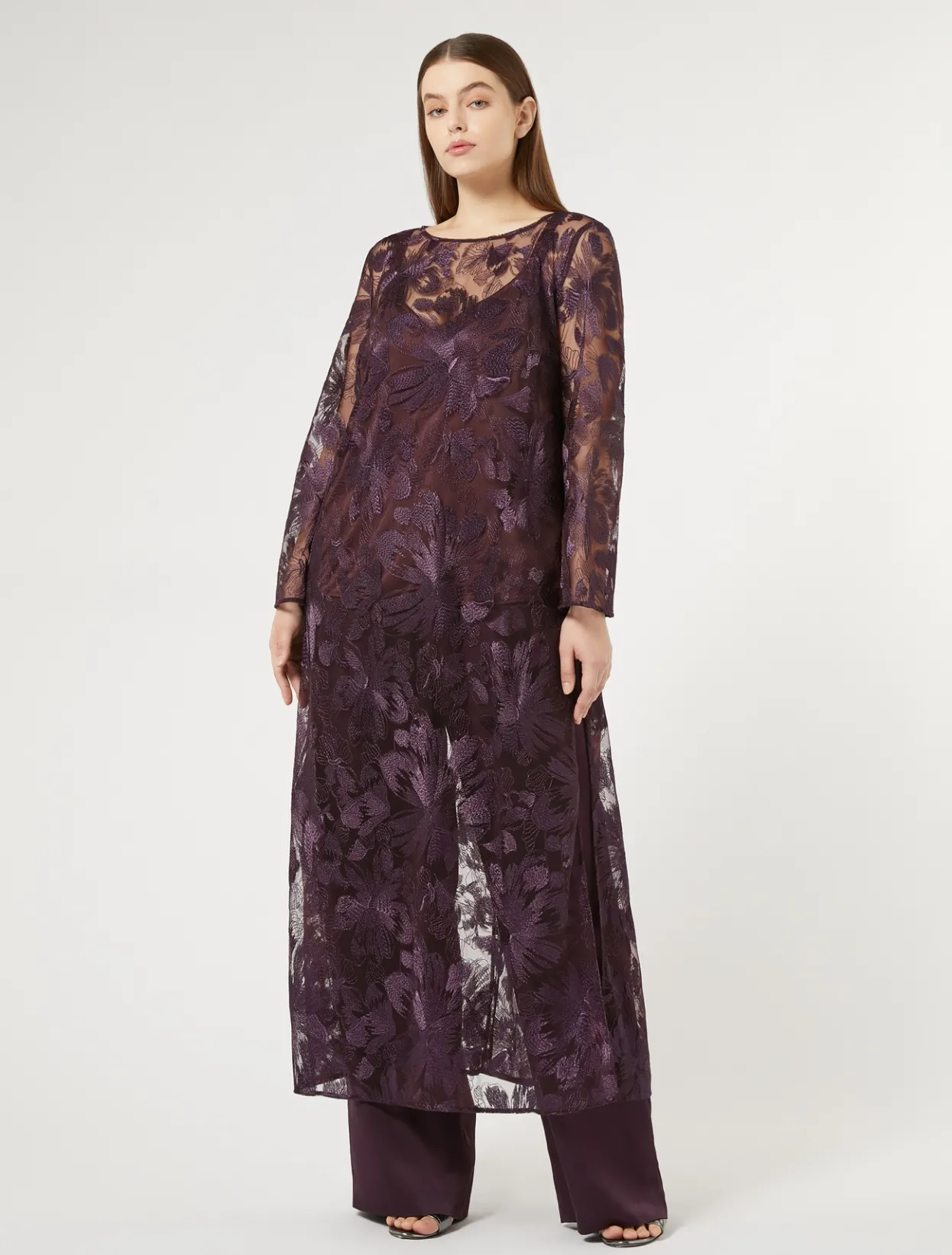 Blouses | Blouses & Shirts | Marina Rinaldi Long tulle tunic with embroidery BORDEAUX