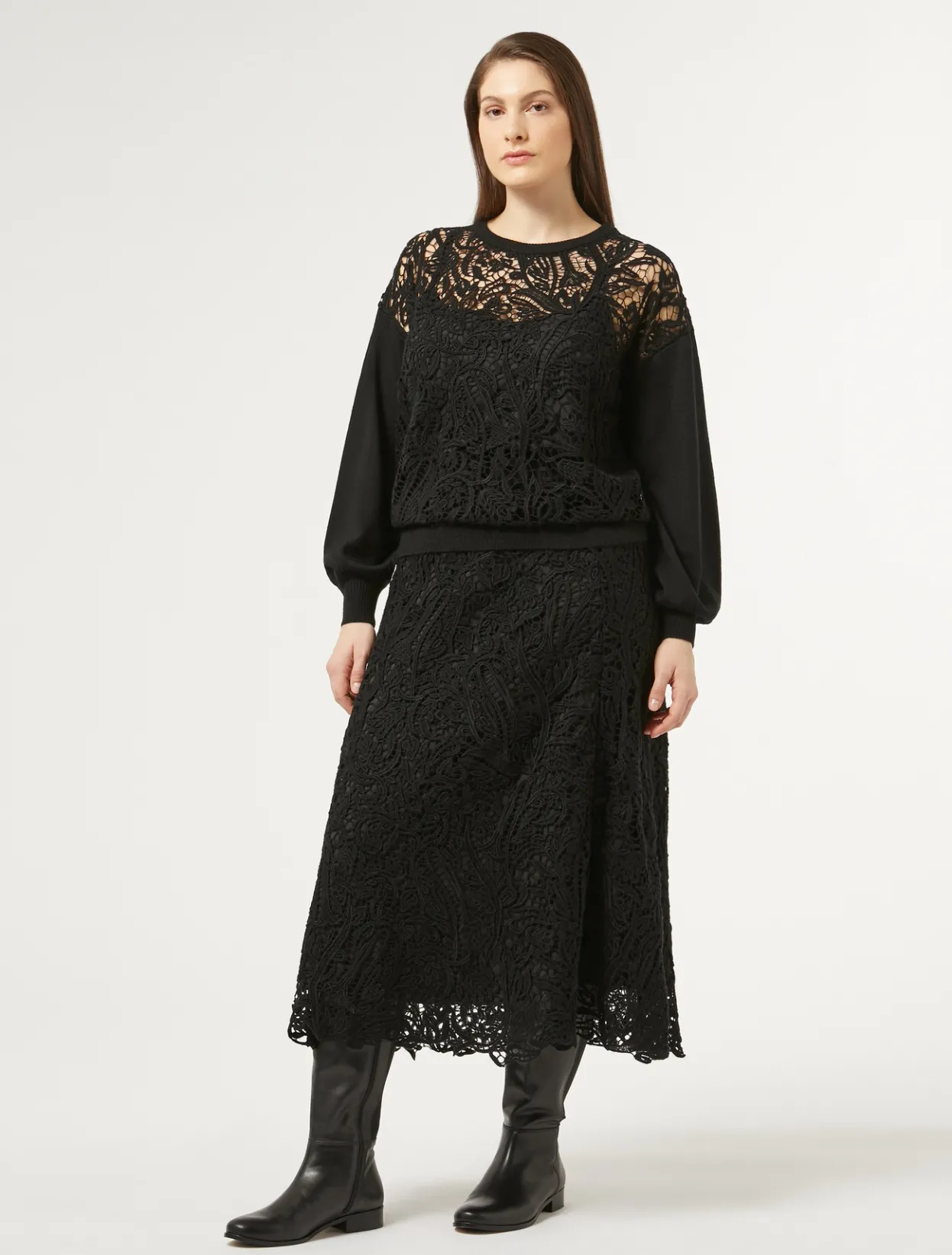 Skirts | Skirts | Marina Rinaldi Skirt with macramé embroidery BLACK